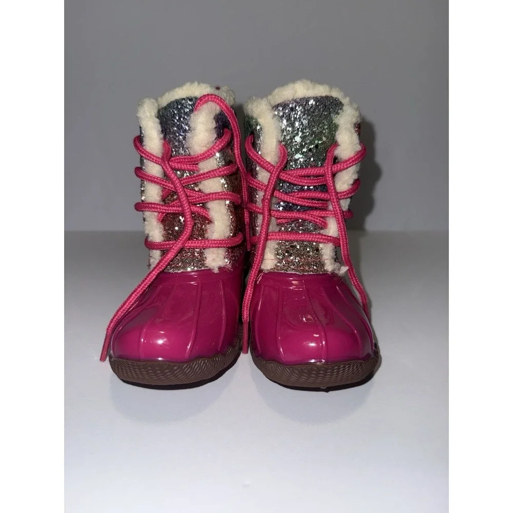 Adrienne Vittadini Bambini Girls Rain Boots 8 Fuchsia Pink Glitter Fur Snow NEW